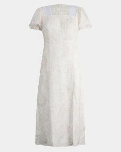 Forcast Hazy Linen Puff Sleeve Dress Summer Beige Discount