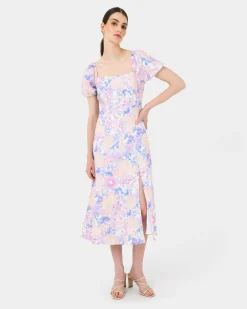 Forcast Hazy Linen Puff Sleeve Dress Hazy Sunset Sale