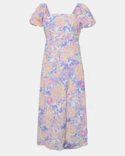 Forcast Hazy Linen Puff Sleeve Dress Hazy Sunset Sale