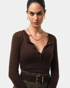Forcast Henley Button Up Knit Chocolate Sale