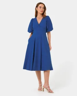 Forcast Iris Puff Sleeve Midi Dress Cobalt New
