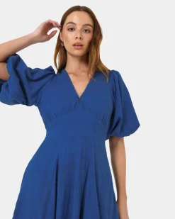 Forcast Iris Puff Sleeve Midi Dress Cobalt New