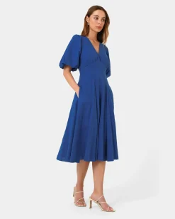 Forcast Iris Puff Sleeve Midi Dress Cobalt New