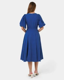 Forcast Iris Puff Sleeve Midi Dress Cobalt New