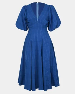 Forcast Iris Puff Sleeve Midi Dress Cobalt New