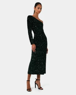Forcast Ivy One Shoulder Sequin Dress Emerald Clearance