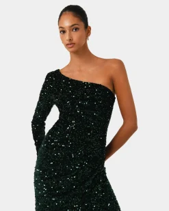 Forcast Ivy One Shoulder Sequin Dress Emerald Clearance