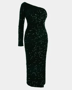 Forcast Ivy One Shoulder Sequin Dress Emerald Clearance