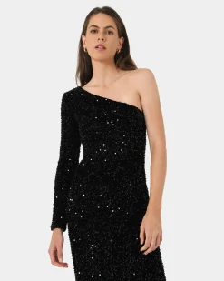 Forcast Ivy One Shoulder Sequin Dress Black Hot
