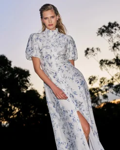 Forcast Jasmine Puff Sleeve Dress Ivory Blue Online