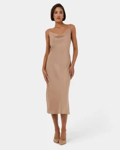 Forcast Joy Satin Cowl Neck Dress Warm Taupe Sale
