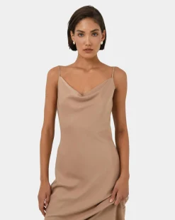 Forcast Joy Satin Cowl Neck Dress Warm Taupe Sale