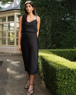 Forcast Joy Satin Midi Skirt Black Clearance