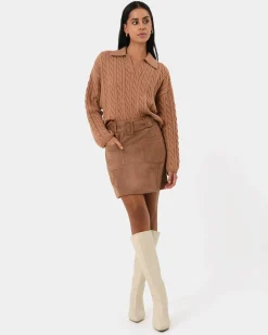 Forcast Julie Faux Suede Mini Skirt Camel New