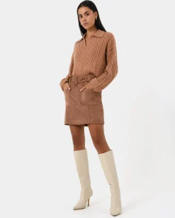 Forcast Julie Faux Suede Mini Skirt Camel New