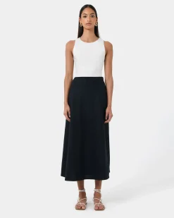 Forcast Kade Linen Blend Midi Skirt Navy
