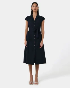 Forcast Kade V-neck Linen Dress Navy Hot