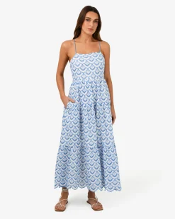 Forcast Kela Embroidery Maxi Dress Blue Ivory Clearance