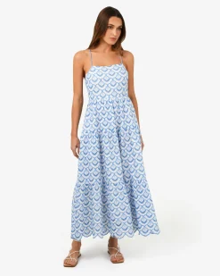 Forcast Kela Embroidery Maxi Dress Blue Ivory Clearance