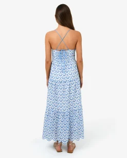 Forcast Kela Embroidery Maxi Dress Blue Ivory Clearance