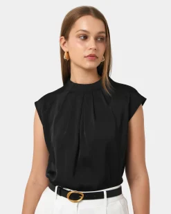Forcast Kiar Pleated Satin Top Black