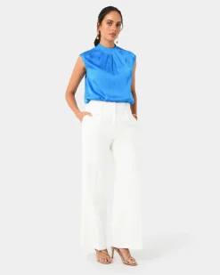 Forcast Kiar Pleated Satin Top Oriental Blue