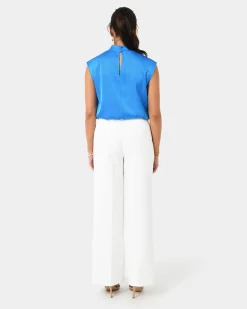 Forcast Kiar Pleated Satin Top Oriental Blue
