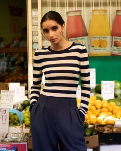 Forcast Lana Stripe Knit Top Navy Cream Online