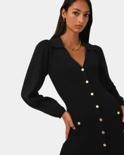 Forcast Lara Collar Midi Knit Dress Black Hot
