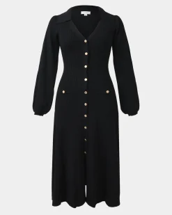 Forcast Lara Collar Midi Knit Dress Black Hot