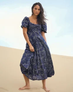 Forcast Leen Puff Sleeve Midi Dress Organic Navy Online