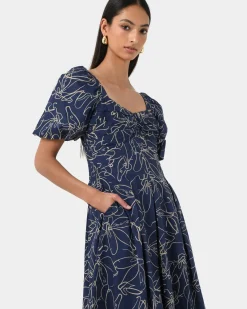Forcast Leen Puff Sleeve Midi Dress Organic Navy Online