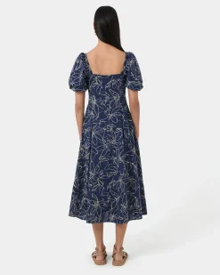 Forcast Leen Puff Sleeve Midi Dress Organic Navy Online