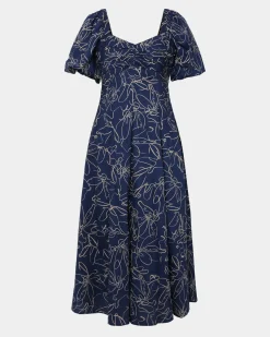 Forcast Leen Puff Sleeve Midi Dress Organic Navy Online