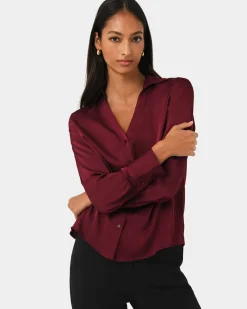 Forcast Lila V-neck Satin Blouse Wine Sale