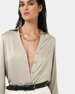Forcast Lila V-neck Satin Blouse Sand Sale