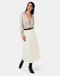 Forcast Lila V-neck Satin Blouse Sand Sale