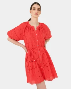 Forcast Lola Broderie Tiered Dress Fiesta Red Clearance