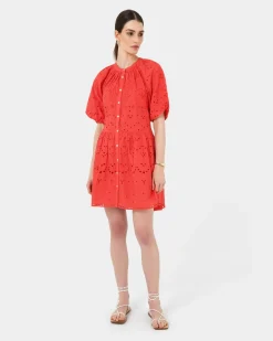 Forcast Lola Broderie Tiered Dress Fiesta Red Clearance