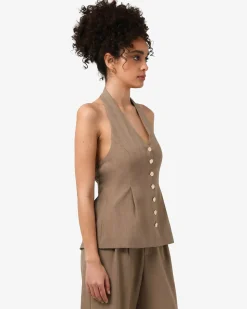 Forcast Lola Halter Neck Peplum Vest TAUPE New