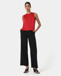 Forcast Louisa Round Neck Satin Top Red New