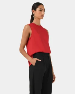 Forcast Louisa Round Neck Satin Top Red New
