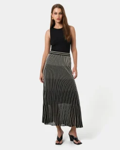 Forcast Lucy Pleat Knit Midi Skirt Black Gold Outlet