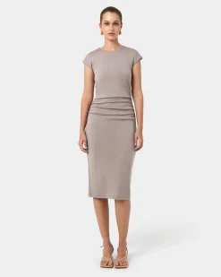 Forcast Lulu Ruched Midi Dress Mushroom Hot
