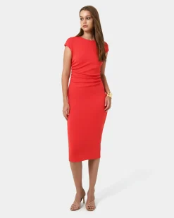 Forcast Lulu Ruched Midi Dress Red Best