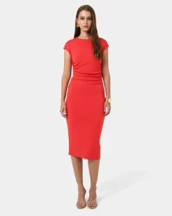 Forcast Lulu Ruched Midi Dress Red Best