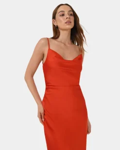 Forcast Mae Side Ruched Satin Dress Cherry Tomato Best