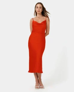Forcast Mae Side Ruched Satin Dress Cherry Tomato Best