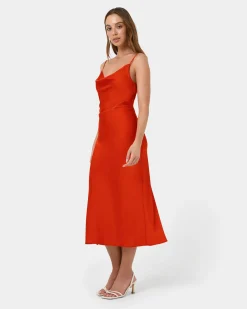 Forcast Mae Side Ruched Satin Dress Cherry Tomato Best