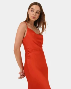 Forcast Mae Side Ruched Satin Dress Cherry Tomato Best